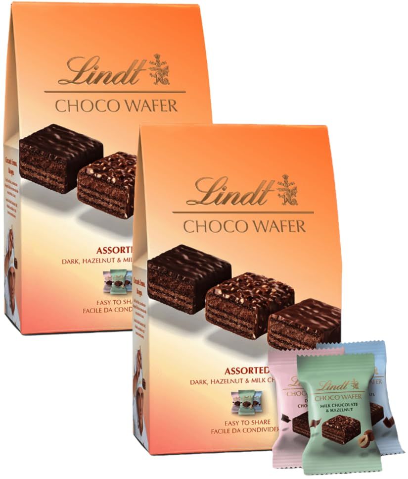 Lindt Choco Wafer Assorted Box Bundle - Dreamy Choco Wafers with Luxurious Layers of Dark Chocolate, Milk Chocolate & Roasted Hazelnuts Pack of 2 x 138g. Christmas Gifts For Couples with Topline Card