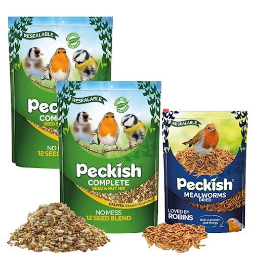 Peckish Seed Nuts & Mealworms Bundle - Pack of 2 x 1kg Complete No Mess Bird Seed Mix with Nuts & 175g Dried Mealworms for Wild Birds with Topline Card. Bird Food Suitable for Feeders & Bird Tables,