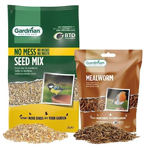 Gardman Mixed Seeds & Mealworms Bundle - 2kg No Mess Bird Seed & 200g Dried Mealworms for Garden Birds with Topline Card. Wild Bird Food Suitable for Hanging Feeders, Bird Table