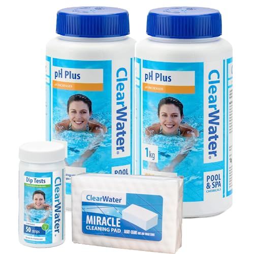 Clearwater Spa Pool Cleaning Kit - Pack of 2 x 1kg Clear Water CH0005 pH Plus Increaser, 50 Strips Dip Test CH0043 & Miracle Cleaning Pad CH0026. Swimming Pool, Hot Tub Cleaner with Topline Card.