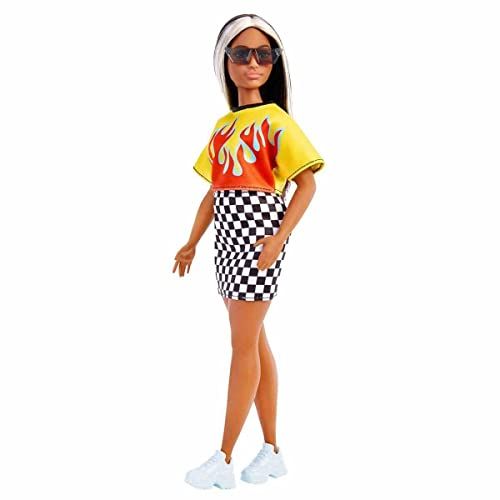 Barbie Fashionistas Doll #179, Curvy, Long Highlighted Hair & Flame Crop Top, Checkered Skirt, Sneakers & Sunglasses, Toy For Kids 3+