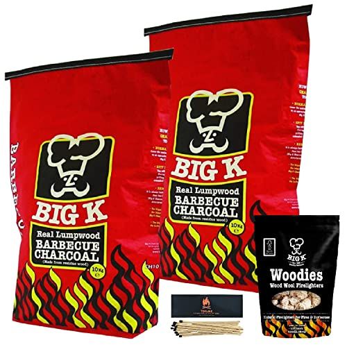 Big K 2 x 10kg Real Lumpwood Charcoal Bags & 300g Woodies + Matches