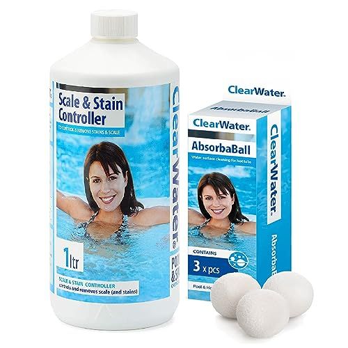 Clearwater Pool Cleaner Hot Tub Chemicals - 3pcs CH0046 AbsorbaBall Sponge Scum Balls & 1L CH0021 Scale and Stain Controller Treatment for Filter Pumps, Swimming Pool, Hot Tub with Card