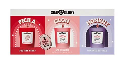 Soap & Glory Candle Gift Set - Pick a Glow Moment Candle Trio Gift Set for Christmas Presents. Wonderful Gift for Stocking Fillers or Secret Santa Gifts with Topline Thank You Card.