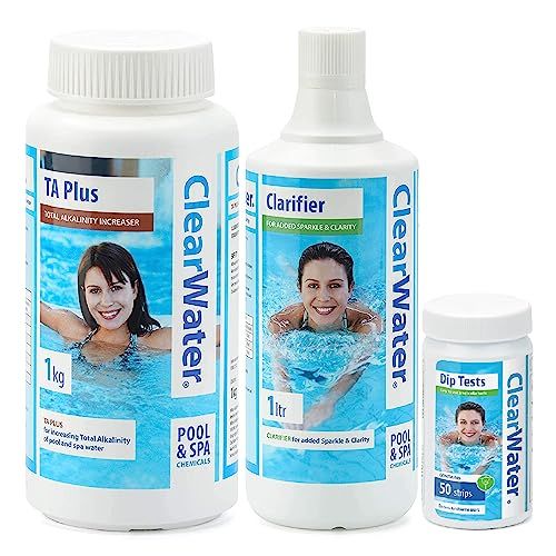 Clearwater Pool Cleaning Chemical Bundle - CH0009 Water Clarifier 1L, CH0030 TA Plus Alkalinity Increaser 1kg & CH0043 Dip Test 50 Strips for Swimming Pool and Hot Tub Spa Treatment with Topline Card.