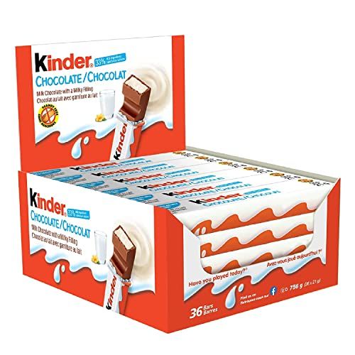 Kinder Chocolate Bars Sweets Bulk - Pack of 36 x 21g Fine Milk Chocolate Medium Snack Bars with a Milky Filling. Kids Sweets with Topline Card for Lunchbox Snacks, Birthday Party Bag Fillers.