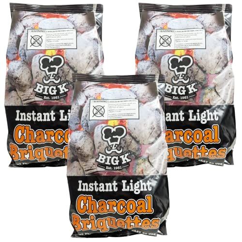 Big K Instant Light BBQ Charcoal - Pack of 3 x 1.5kg Charcoal Briquettes Barbeque Grill Bags with Topline Card for Outdoor Barbecue, Camping BBQs, Fishing or Picnics.