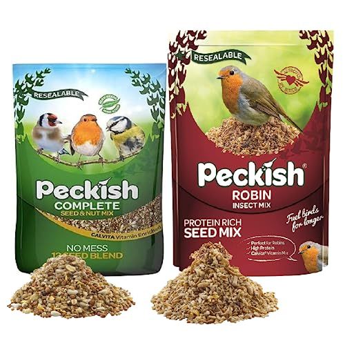 Peckish Wild Bird Food Bundle - Peckish Complete Seed Nut Mix 1kg & Robin Insect Mixed Seeds 2kg No Mess Bird Seed with Topline Card. Bird Food Suitable for Hanging Feeders or Bird Table.