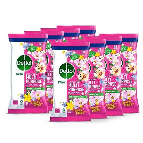 Dettol Flower Power Antibacterial Multipurpose Biodegradable Cleaning Wipes | Peony & Rose Fragrance | Limited Edition | 50s (Pack of 8)