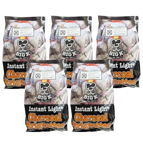 Big K Instant Light BBQ Charcoal - Pack of 5 x 1.5kg Charcoal Briquettes Barbeque Grill Bags with Topline Card for Outdoor Barbecue, Camping BBQs, Fishing or Picnics.