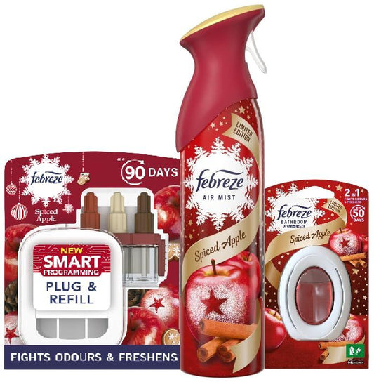 Spiced Apple Air Freshener Bundle - Limited Edition Christmas Room Spray Mist 300ml, 3Volution Plug In Refill 20ml & Bathroom Refresher 7ml with Gift Card. Great Gift for Him or Her