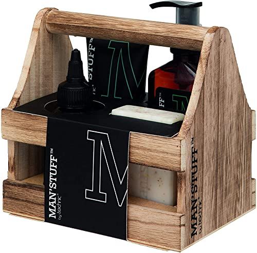 Man' Stuff Wooden Crate Skin Care Shower Set Men's 4pc Face Wash & Lotion Gift Set