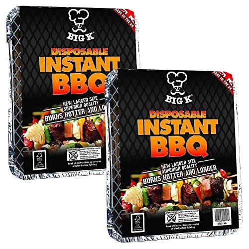 Big K Disposable Instant BBQ Tray - Pack of 2 All In One Barbecue Instant Light Charcoal Grill Trays with Topline Card. Ideal for Garden BBQs, Camping, Outdoor Parties and Picnics.