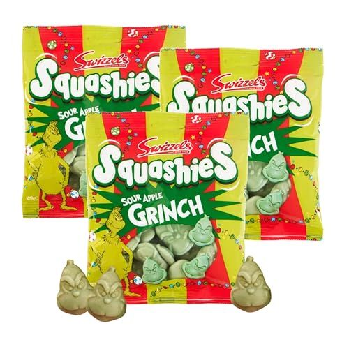 The Grinch Squashies Sweets Bulk - Pack of 3 x 120g Apple Flavour Sour Sweets Grinch Face Foam Chewy Sweets with Topline Card. Great for Christmas Stocking Fillers, Secret Santa Gifts for Kids