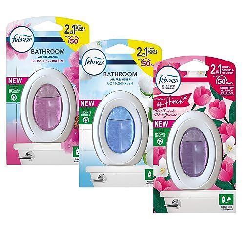 Febreze Bathroom Air Freshener Bundle - Cotton Fresh, Blossom Breeze & Pink Tulips Air Fresheners for Home with Topline Card. Odour Eliminator & Refresher for Toilet Bathroom Small Spaces