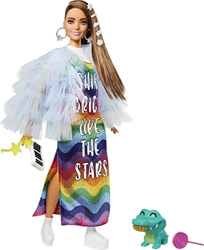 Barbie Extra Doll #9 in Blue Ruffled Jacket with Pet Crocodile, Long Brunette Hair, Bling Hair Clips, Gift for Kids 3Y+, GYJ78