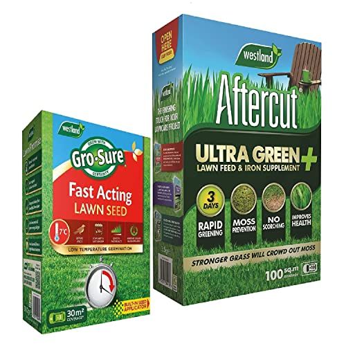 Garden Grass Lawn Care Bundle - 3.5kg Aftercut Ultra Green Lawn Feed + Iron Supplement 100sq.m & 900g Gro-Sure Fast Acting Lawn Grass Seeds 30m2 Garden Fertilisers with Topline Card