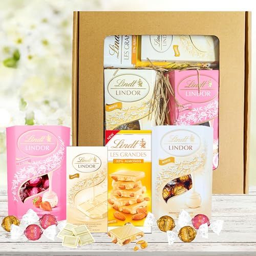 White Chocolate Hamper - Assortment of Strawberries & Cream Truffles 200g, White Chocolate Truffles 200g, Les Grandes with Almonds 150g & Smooth 100g Chocolate Bars