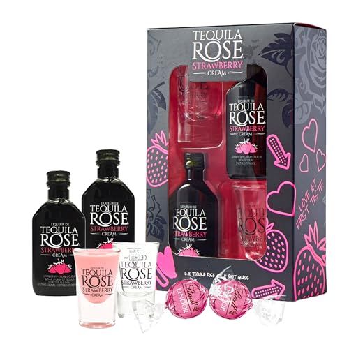 Tequila Rose Gift Set for Couple Gifts - Strawberry Cream Liqueur 2x5cl Miniature Alcohol Bottles, Shot Glasses & 2 Strawberry Cream Chocolate Truffles. Birthday Gifts for Women, Christmas Gifts