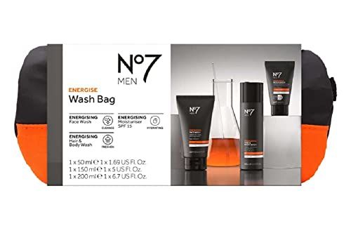 No7 Energise Spa Wash Bag - 3pcs Stylish Bodycare Travel Gift Set for Him, Stocking Fillers, Christmas Gifts, Birthday Gift Set for Men with Topline Thank You Card!