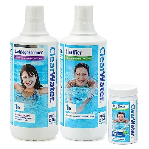 Clearwater Pool Cleaning Chemical Bundle - CH0009 Water Clarifier 1L, CH0031 Filter Cartridge Cleaner Solution 1L & CH0043 Dip Test 50 Strips for Swimming Pool and Hot Tub Treatment with Card.