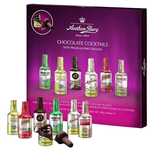 Anthon Berg Liqueurs - Luxury Dark Chocolate 12 Cocktails Miniature Alcohol Bottles Selection 187g with Topline Card