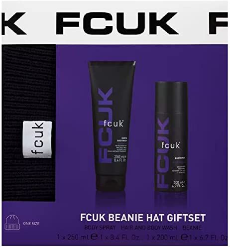 FCUK Beanie Hat Vintage Set - Body Spray, Body Wash & Beanie Hat Mens Gift Set for Stocking Fillers, Secret Santa Gifts for Him, Dad Gift with Topline Thank You Card.