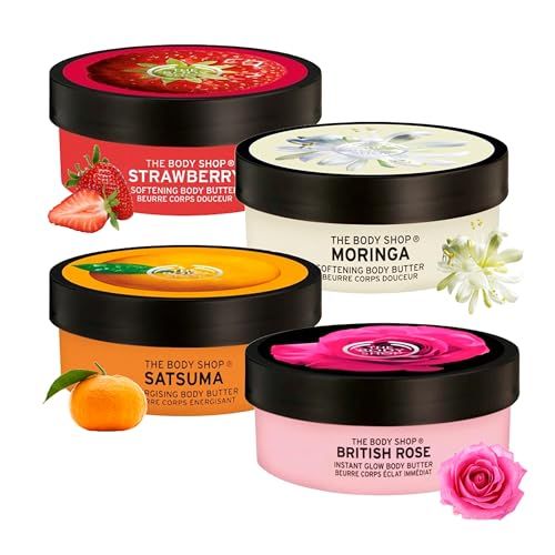 Body Butter Skin Care Set - Pack of 4 x 50ml Strawberry, Moringa, Satsuma & British Rose Body Moisturiser with Topline Card