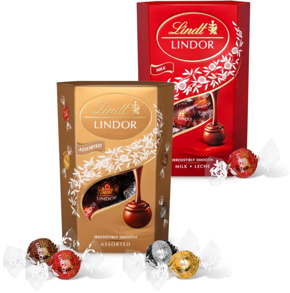 Lindt Chocolates Truffles Gift Bundle - Irresistibly Smooth Milk Chocolate & Assorted Chocolate Hamper Pack of 2 x 337g with Topline Card. Christmas Gifts for Couples or Birthday Presents