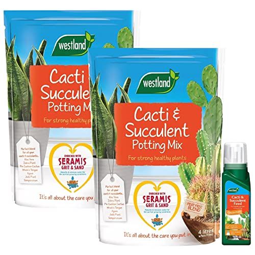 Westland Cacti & Succulent Growing Bundle - Peat Free Succulent Potting Mix Compost with Seramis 4L x 2 Bags & Cactus Feed Concentrate 200ml. House Plant Compost Food with Topline Card.