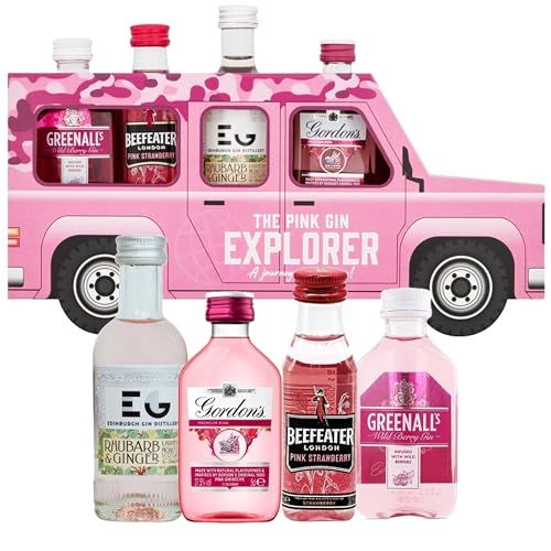 Pink Gin Selection Gift Set - Land Rover Explorer 4x5cl Flavoured Greenall's, Beefeater, Edinburgh & Gordon's Miniature Alcohol Bottles for Secret Santa Gifts, Birthdays or Stocking Fillers with Card