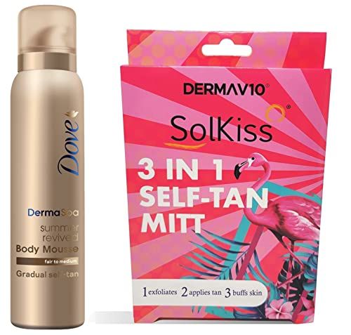 Dove DermaSpa Fair to Medium Gradual Self-Tan Body Mousse 150ml Summer Revived for a Natural Looking Sun-kissed Glow with Solkiss 3-in-1 Self Tan Applicator Mitt