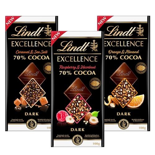 Lindt Excellence Chocolate Bars Bundle - 3 x 100g Assorted 70% Cocoa Dark Chocolate Orange & Almond, Raspberry & Hazelnut, Caramel Sea Salt Chocolate Bulk with Card. Chocolate Gift for Sweets Hamper