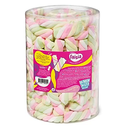 Frisia Rainbow Marshmallow Sweets Bulk - 680g Twister Cable Mallows Confectionery with Cream Vanilla Tub of Sweets with Topline Card. Kids Sweets for Birthdays, Camping, Party Bag Fillers.