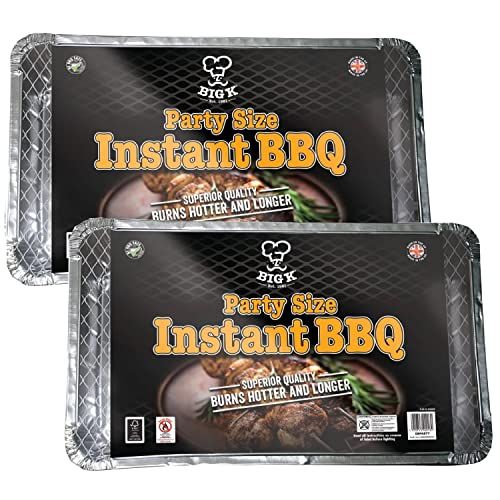 Big K Disposable Instant BBQ Tray - Pack of 2 Party Size All In One Barbecue Instant Light Charcoal Grill Trays with Topline Card. Ideal for Garden BBQ, Camping, Outdoor Party, Picnics.