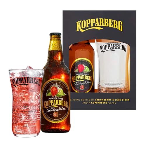 Kopparberg Cider & Branded Glass Giftset - Premium Strawberry & Lime Cider 330ml Bottle with Decorated Glass Gift Box for Him. Great for Secret Santa Gifts or Mens Stocking Fillers with Topline Card.