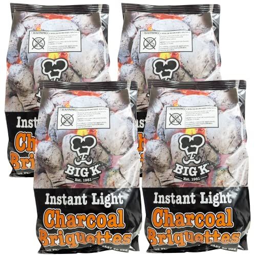 Big K Instant Light BBQ Charcoal - Pack of 4 x 1.5kg Charcoal Briquettes Barbeque Grill Bags with Topline Card for Outdoor Barbecue, Camping BBQs, Fishing or Picnics.