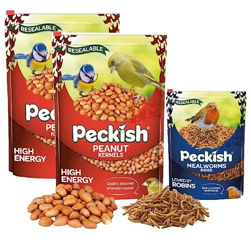 Peckish Bird Peanuts & Mealworms Bundle - Pack of 2 x 1kg High Energy Peanuts Kernels & 175g Dried Mealworms for Wild Birds with Topline Card. Wild Bird Food Suitable for Hanging Feeders, Bird Table.