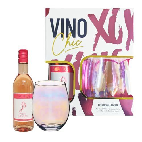 Rose Wine Birthday Gifts for Women - Vino Chic Barefoot Wine 187ml & Iridescent Stemless Glass. Gift Sets for Women with Topline Card. Gifts for Her Birthday, Thank You Teacher Gifts