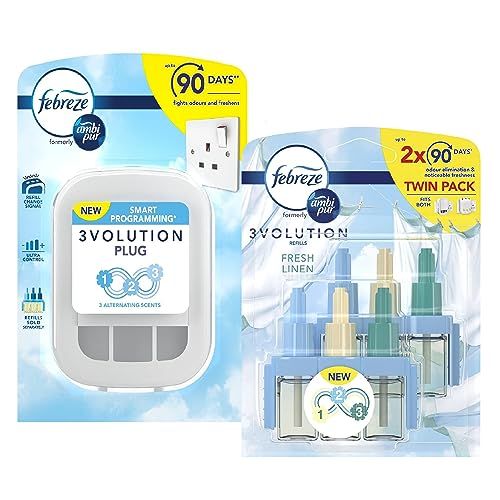 Febreze Ambi Pur Room Freshener - Febreze 3Volution Air Freshener Plug in Refills Diffuser & 3Volution Fresh Linen Twin Air Diffuser Refill Pack 40ml Room Fresheners for Home with Topline Card.