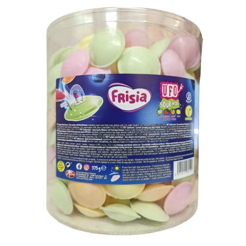 Frisia Flying Saucers Sweets Bulk - 375g Citric Wafers with Fruit Flavours Fizzy Sweets Tub with Topline Card. Gluten Free Kids Sweets for Birthday, Party Bag Fillers.