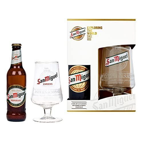 San Miguel Beer Gift Set - Official Branded 330ml Glass Bottle & Engraved Chalice Pint Glass Gifts for Him. Perfect Lager Gift for Men or Fathers Day with Topline Thank You Card.