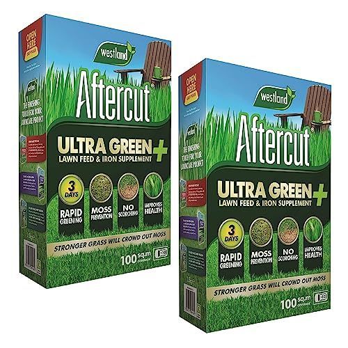 Garden Grass Lawn Care - Pack of 2 x 3.5kg Aftercut Ultra Green Lawn Feed + Iron Supplement 100sq.m Garden Lawn Fertilizer with Topline Card for Stronger Greener Grass, Lawn Treatment.