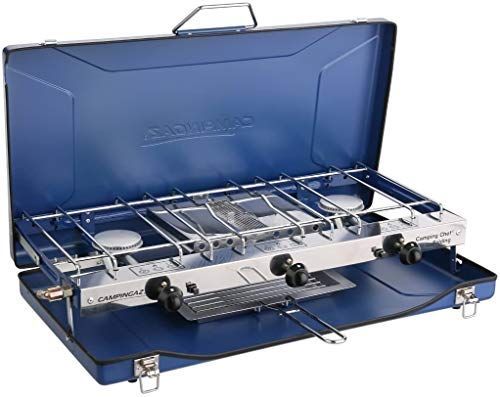 Campingaz Chef Folding Double Burner Stove and Grill, compact gas cooker for camping or festivals, Blue